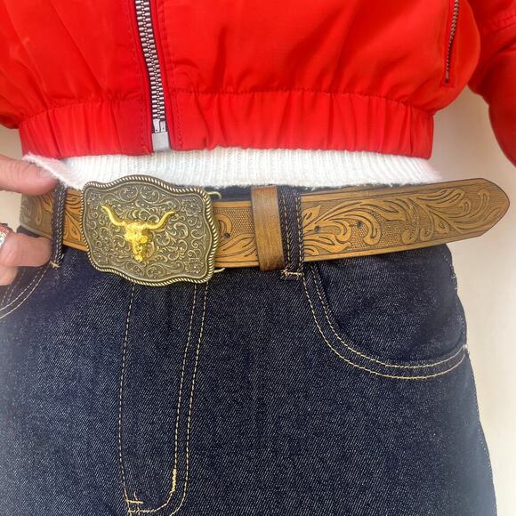 vintage style brown american western design belt - Picture 3 of 8